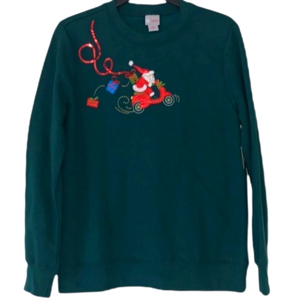 HOLIDAY EDITIONS Vintage Green Santa Scooter Embroidered Ugly‎ Christmas Sweater